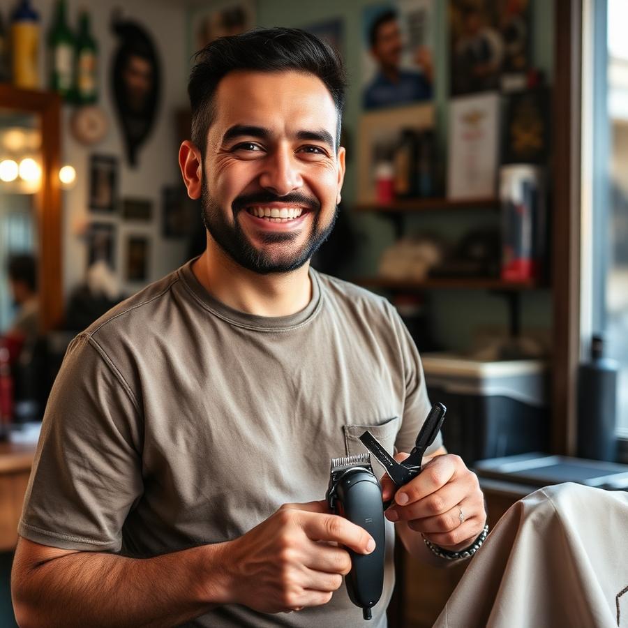 Barbero latino en su barbería en Portugal