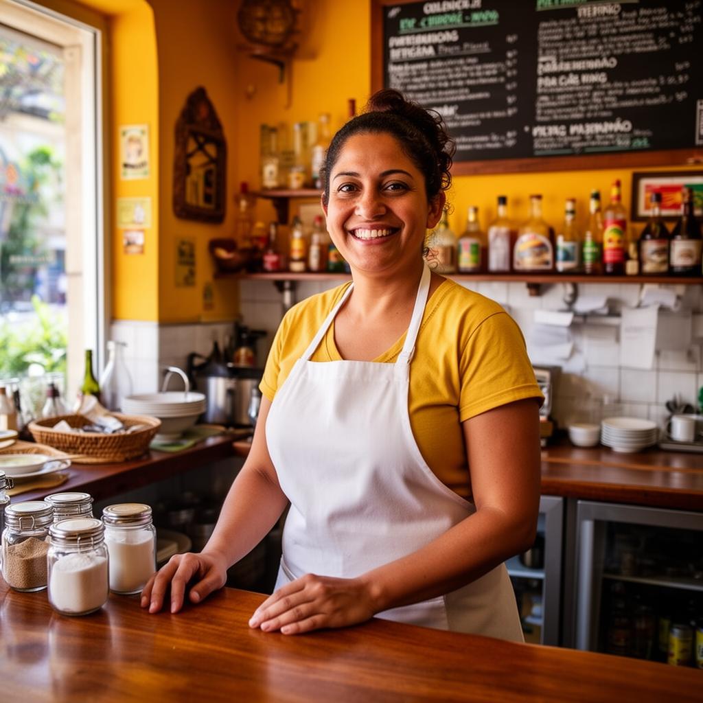 Propietaria de un restaurante latino en Portugal sonriendo en su local